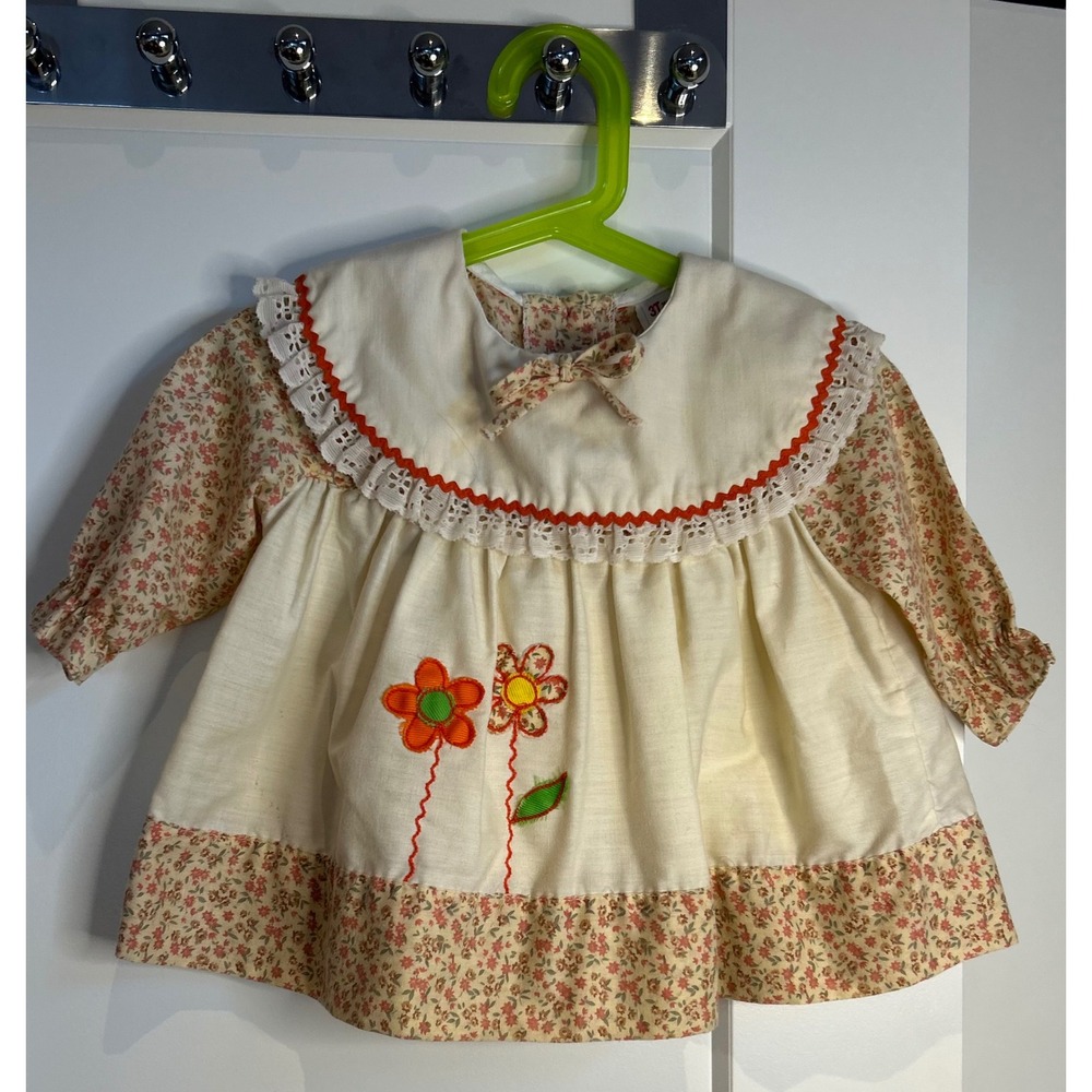 Vintage Sears Perma-Prest Toddler Girls 3T Dress Floral Embroidered Lace‎ Cream